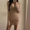 Autumn new niche design pleated waist hip skirt women's sexy V-neck slim-fitting long-sleeved dress