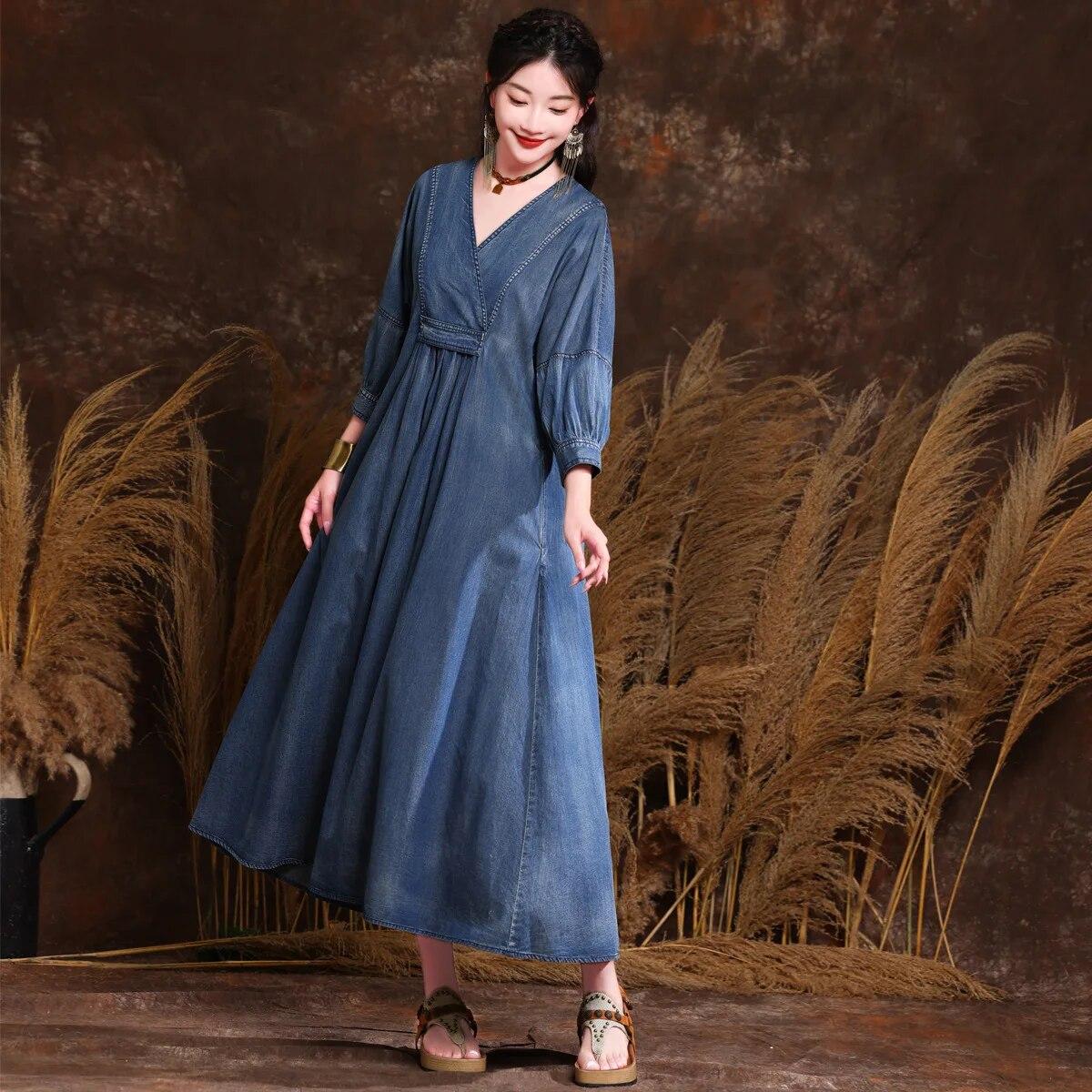 

Johnature индивидуальное карманное хлопковое однотонное платье для стирки с длинными рукавами женское весеннее винтажное свободное платье с v-образным вырезом One Size синий