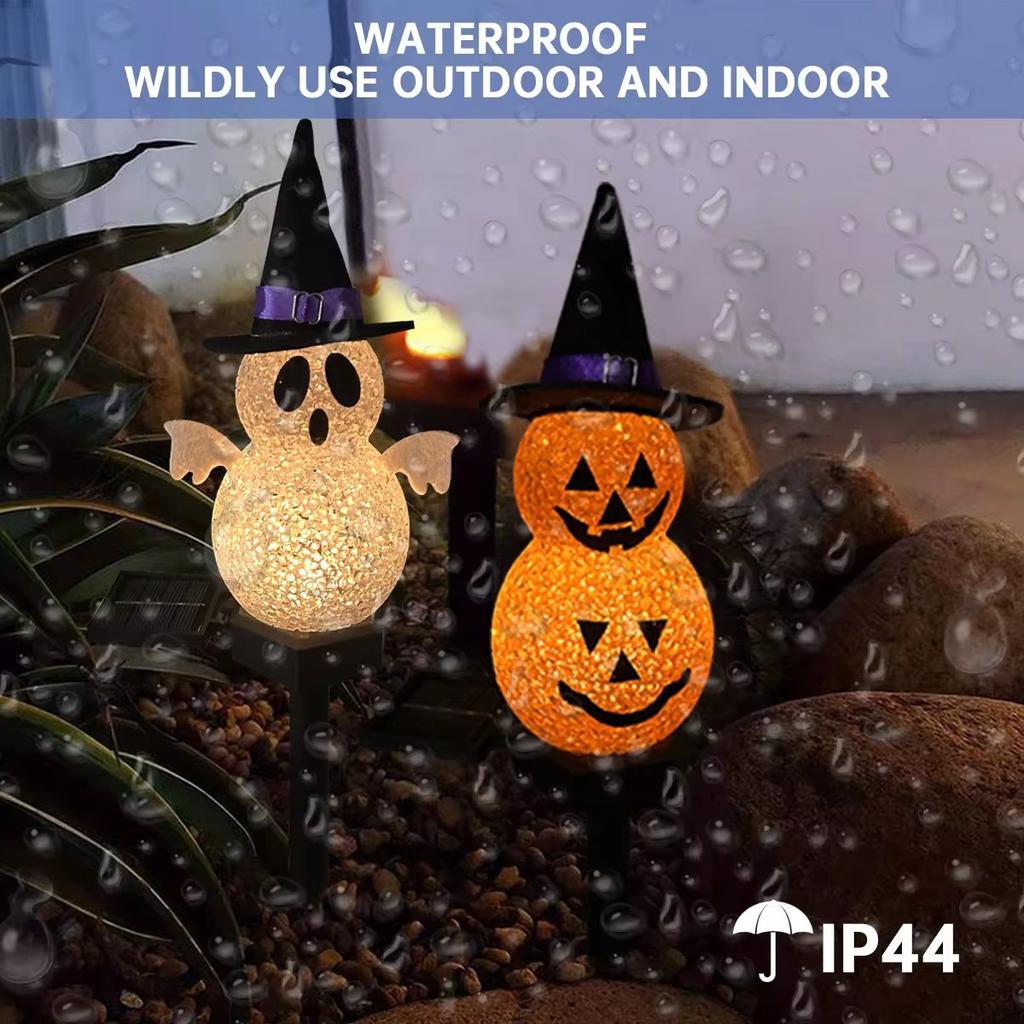 2pcs Halloween Solar Pumpkin Ghost Lights Outdoor Waterproof Halloween Atmosphere Decorations Lawn Ground Plug Light