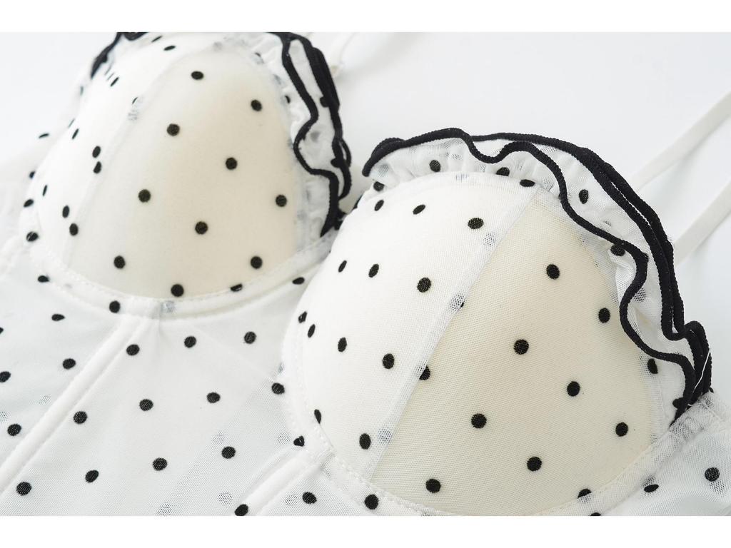 French Girl Polka Dot Waist-Cinched Mesh Bandeau Camisole – Slim Sleeveless Summer Top