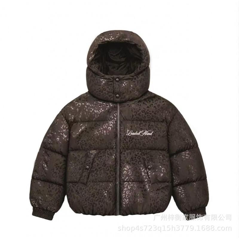 Womens Black Leopard Print Hooded Cotton Coat Casual Commute Short Thick Warm Waterproof Winter Jacket