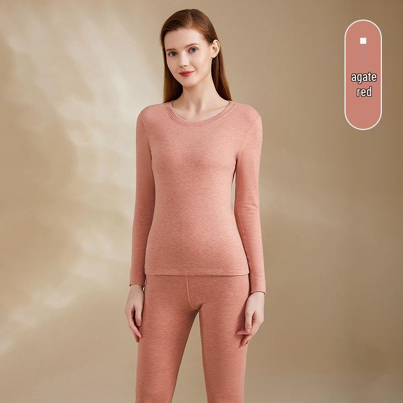 Cashmere Silk Round Neck Edged Antibacterial Fleece-Lined Women's Autumn Undershirt & Pants Set - Warm & Skin-Beautifying.