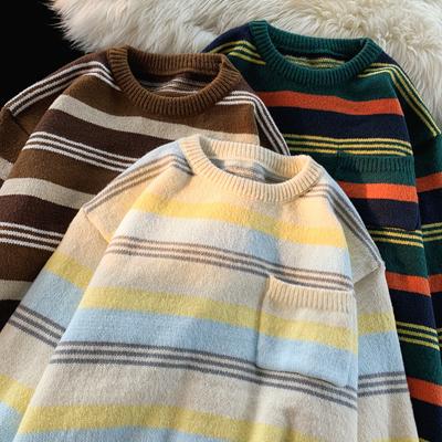Gestreifte, kontrastierende Wollkleidung für Männer im Herbst und Winter, lockere Rundhalspullover im Hong Kong-Stil, trendige Retro-Freizeitpullover