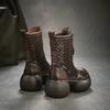 Johnature Genuine Leather Patchwork Mesh Thick Heel Hollow-out Boots Retro Women's Platform Shoes