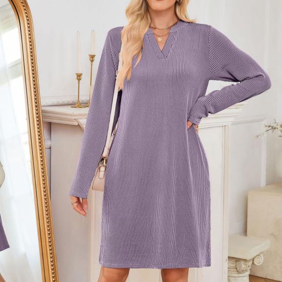 Women's Fall Winter Ribbed Knit Dress Casual Long Sleeve V Neck Mini Dress Loose Pullover Sweater Dress with Pockets