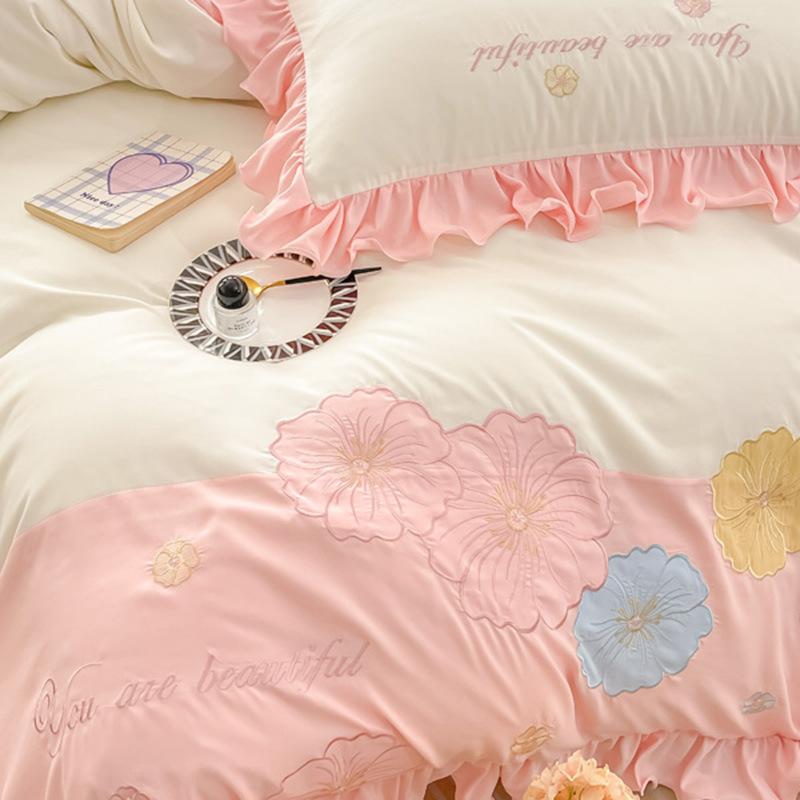 Lace Princess Wind Four-piece Set Washed Cotton Bed Sheet Quilt Cover Embroidered Small Fresh Bedding