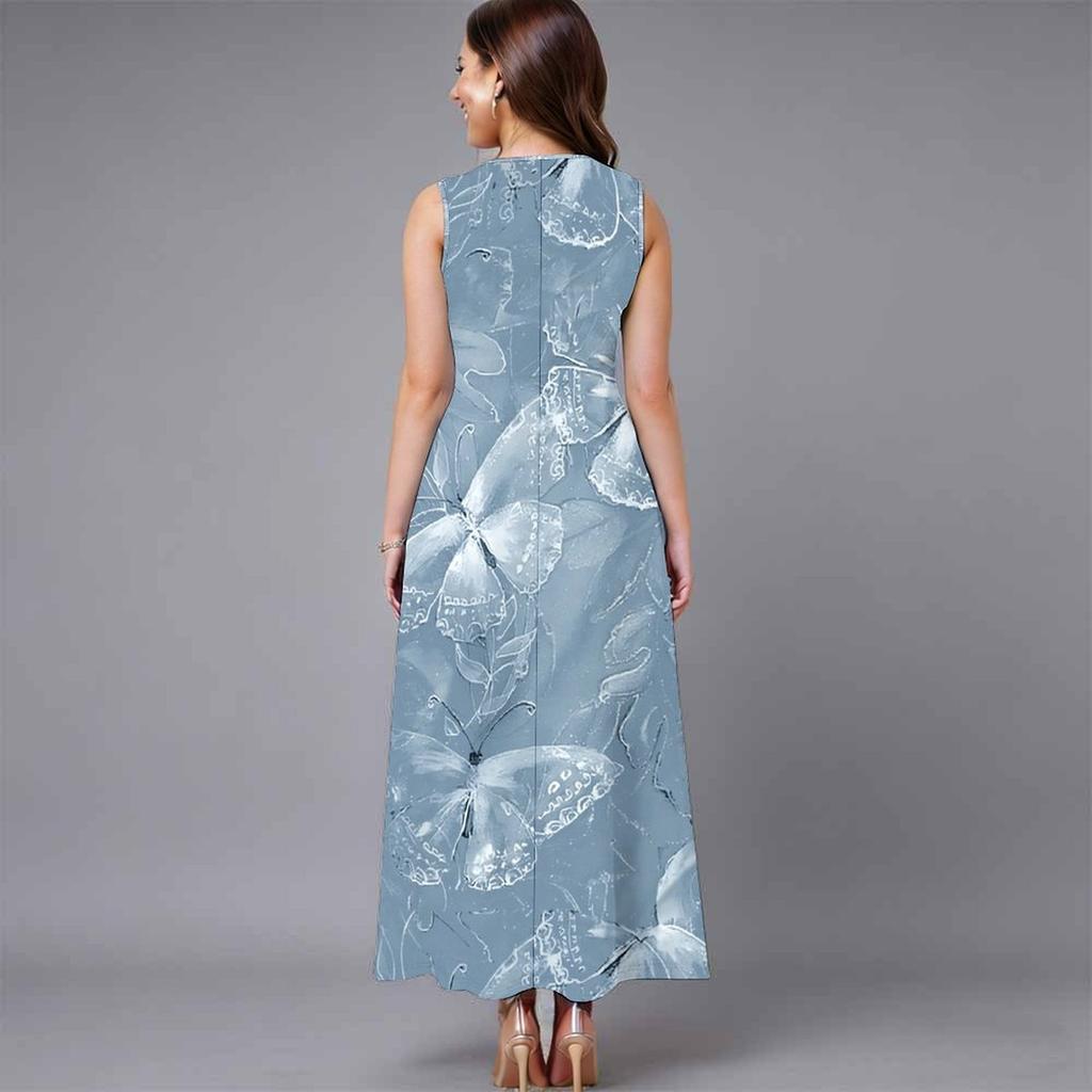 Women Plus Size Sleeveless Round Neck Dress Graceful Climbing Floral Vines Flowy Mid Calf Gown