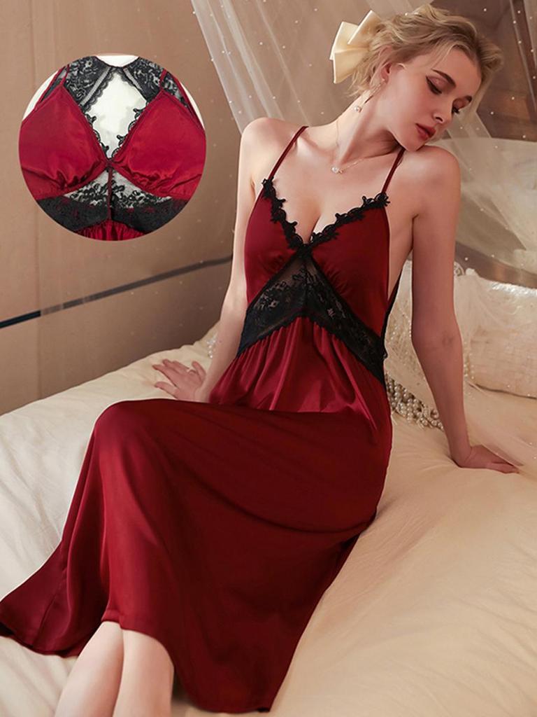 Detachable Chest Pad Summer Ladies Ice Silk Satin Sexy Brdal Long Nightdress