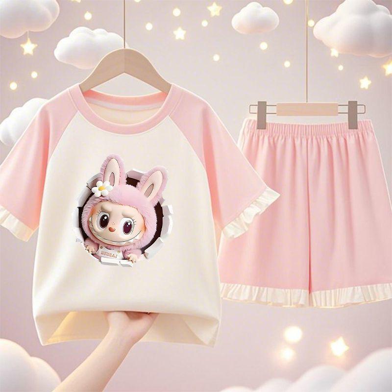 

Cute LBB Pajamas and Home Wear for Girls, Summer Children s Thin Pure Cotton Short-sleeved Set 90