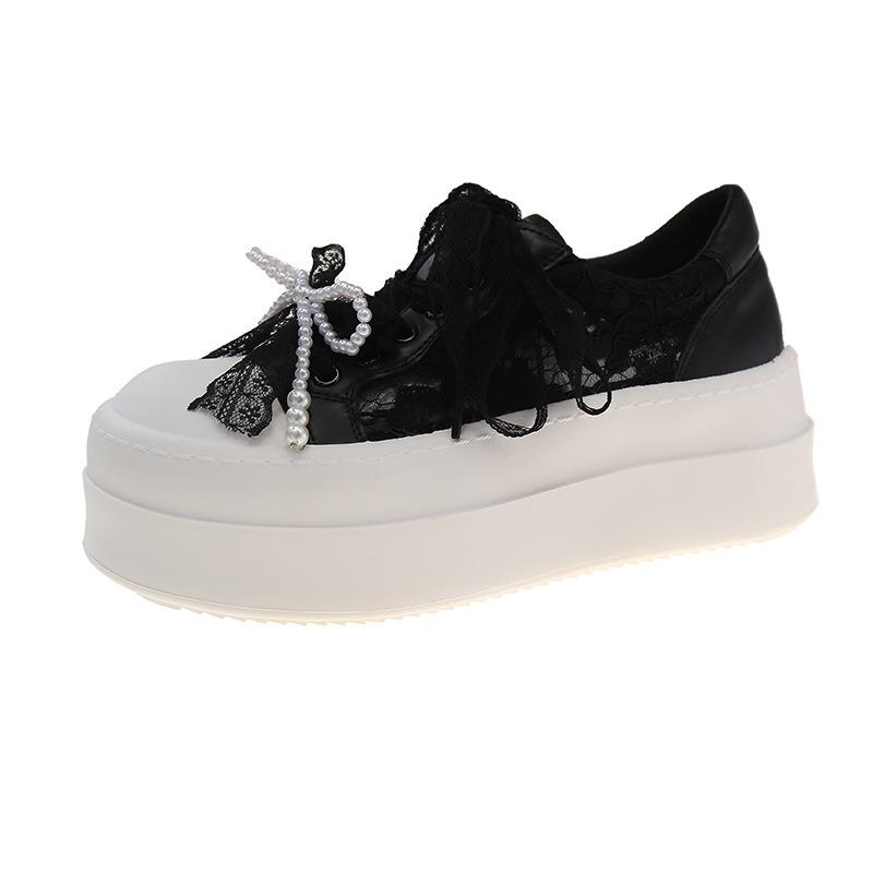 Ballet style pearl lace lace-up little white shoes women's single-layer breathable thick-soled heightening casual bread shoes trend