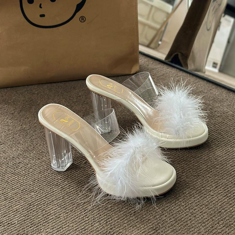 Fairy Wind Fluffy Slippers Female Summer Wear 2024 New Internet Celebrity Thick Heel One-word Drag Crystal High Heel Cool Slippers