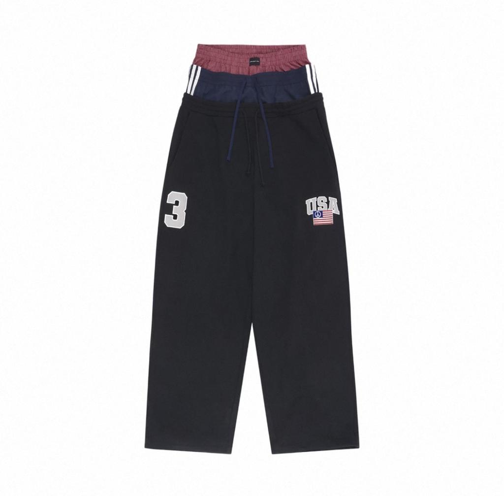 Unisex Faux Trzy Elementy Projekt Pas Spodnie Dresowe Mężczyźni Kobiety Luźne Haft Cyfra 3 Metka Spodnie Treningowe Czarne Szare Codzienne