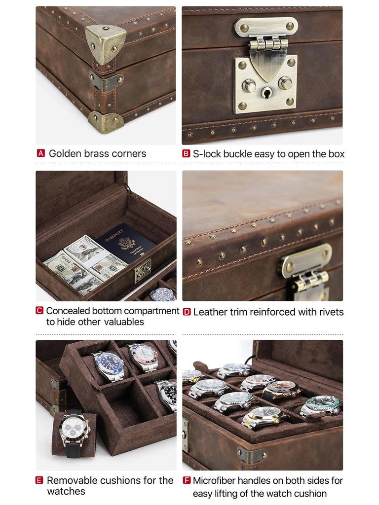 Vintage Crazy Horse Leather 8-Slot Watch Storage Box