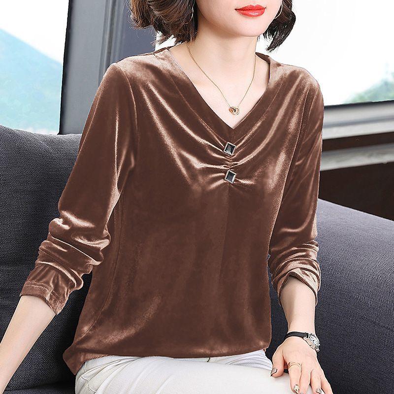 

Бархатный воротник Топ Женский Осень Зима Средний возраст Мама Рубашка с длинным рукавом Большой размер Нижнее белье Базовый слой 3XL кофейный