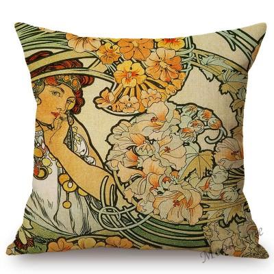 Vintage European Art Nouveau Mucha Gallery Decorative Sofa Pillow Cover Beautiful Beauty Girl Cotton Linen Luxury Cushion Cover