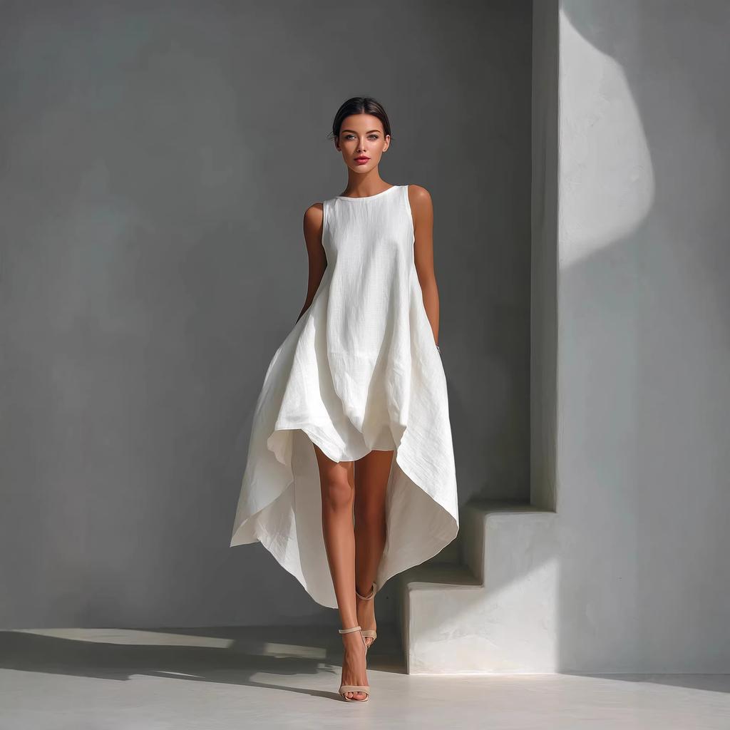 Rochie de vară casual pentru femei, cu gât rotund, fără mâneci, lungime asimetrică, croială lejeră, aspect de in