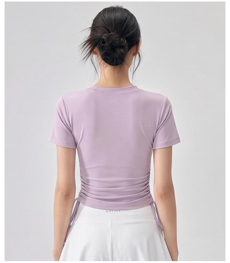 Women's Slim-Fit V-Neck Drawstring Top: Fashionable, Versatile, Soft Texture, Short-Sleeved T-Shirt, Complements All Skin Tones.
