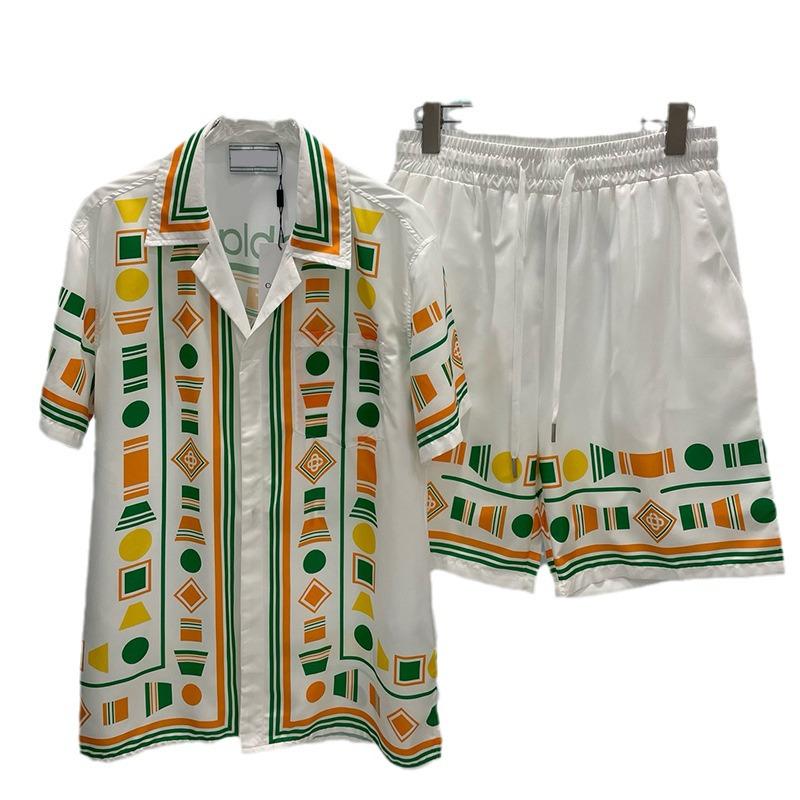 2024 Summer European & American Trendy Men's Color Block Print Shirt & Shorts Set