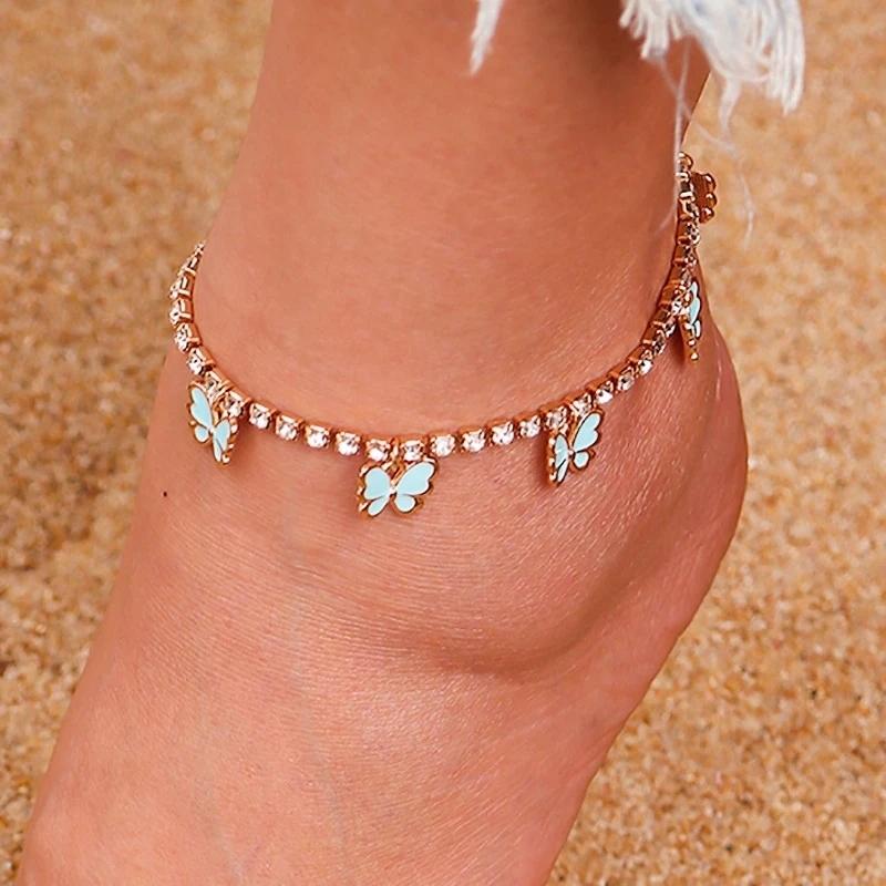 Cute Butterfly Pendant Anklet for Women Girls Rhinestones Chain Ankle Bracelet Foot Jewelry Gift