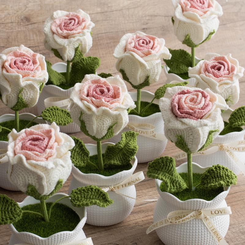 Handmade Crochet Wool Rose Artificial Flower Plant for Office Desktop Decor