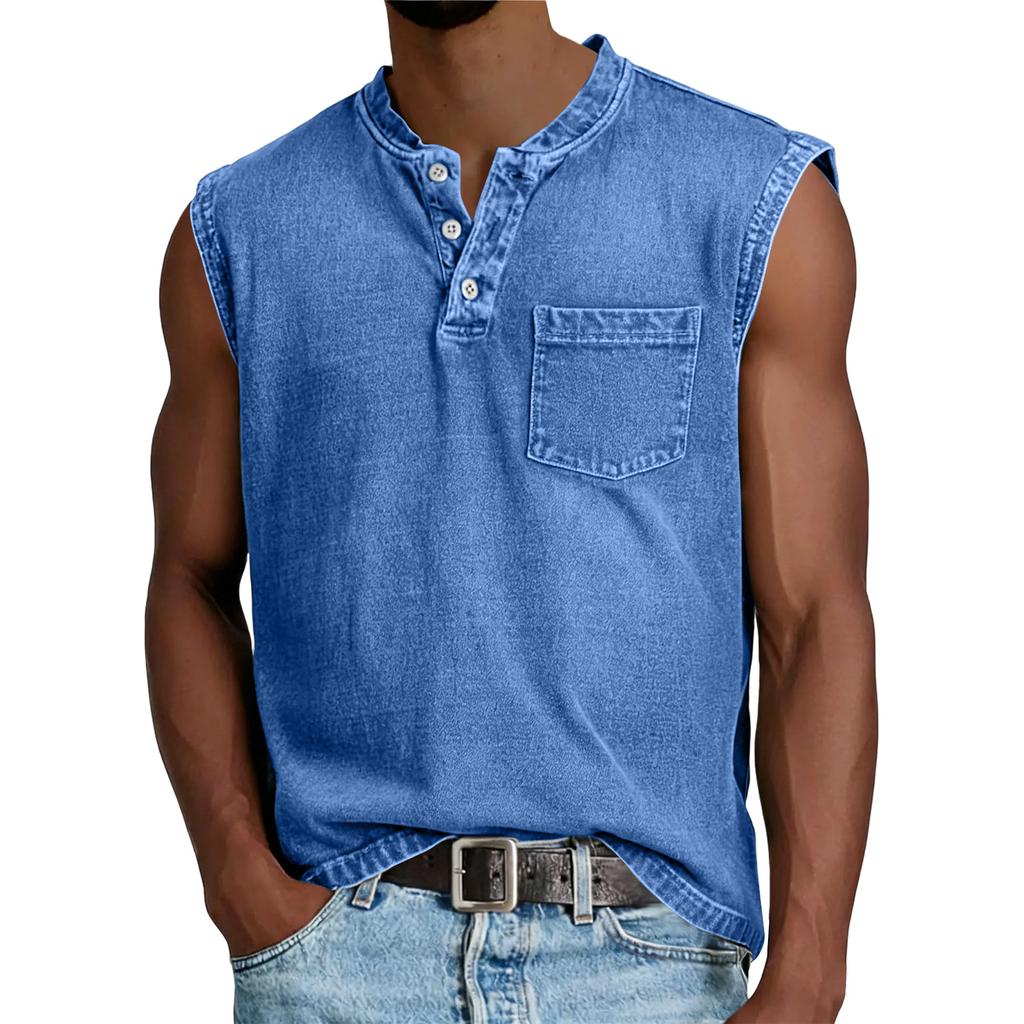 Canotta da uomo senza maniche in cotone con tasca, vestibilità casual rilassata, stile Henley, maglia sportiva per muscoli, per l'uso quotidiano