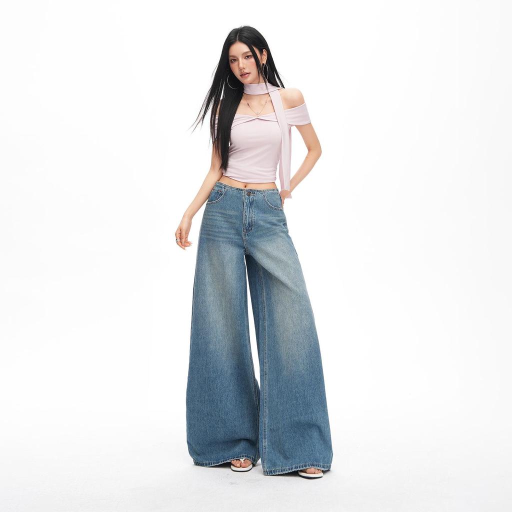 2026 Spring Women's Retro Wide-Leg Jeans: Waistless, Versatile, Loose, Slimming, Floor-Length Pants