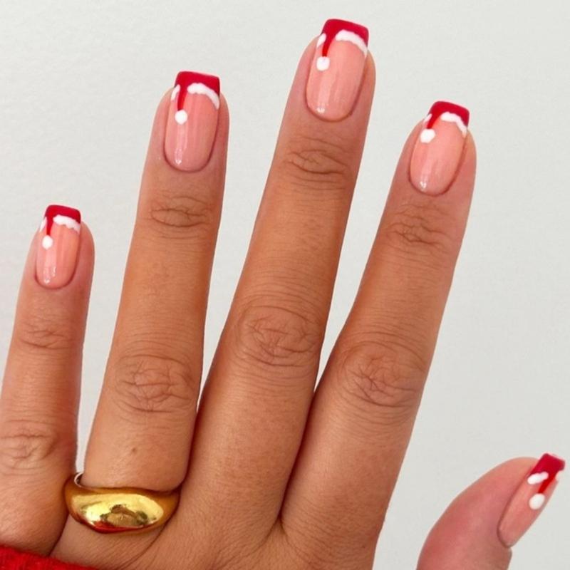 

24 Pcs French Tip Press On Nail Short Artificial Nail Christmas Hat Stick on Nail Christmas Full Cover False Nail 1