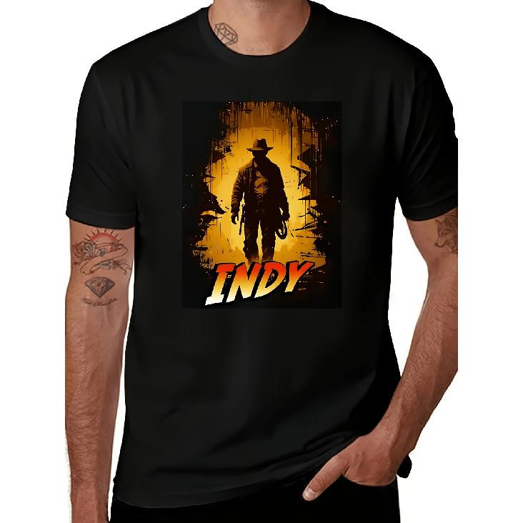 Men's Retro T-Shirt Suitable for Harrison Fans - Iconic Movie Logo & Indy Font Design with Whip/Fedora Pattern - Soft Short Sleeve Casual Round Neck