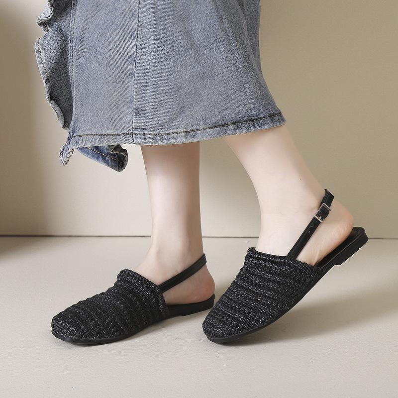 Bohemian linen woven breathable empty bag head half slippers women's 2025 new flat-bottomed sandals