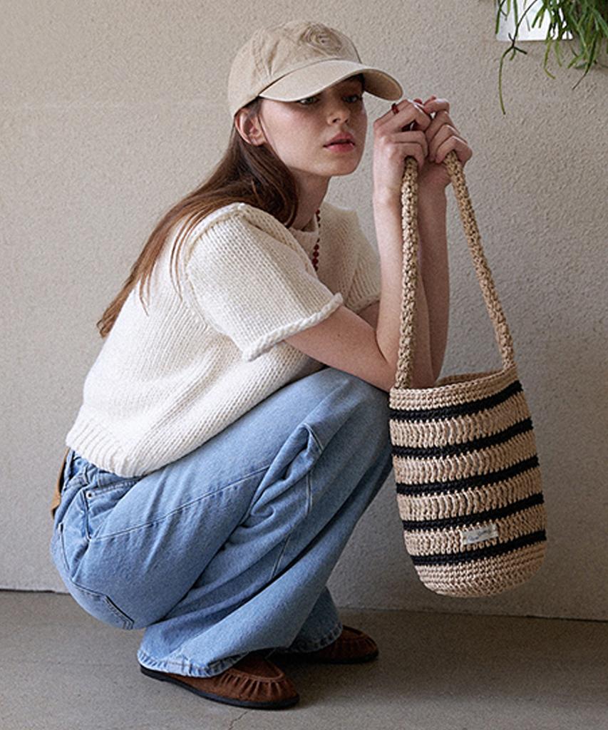 Slowslowly Moroccan Handmade Crochet Stripe Bucket Bag _ Beige
