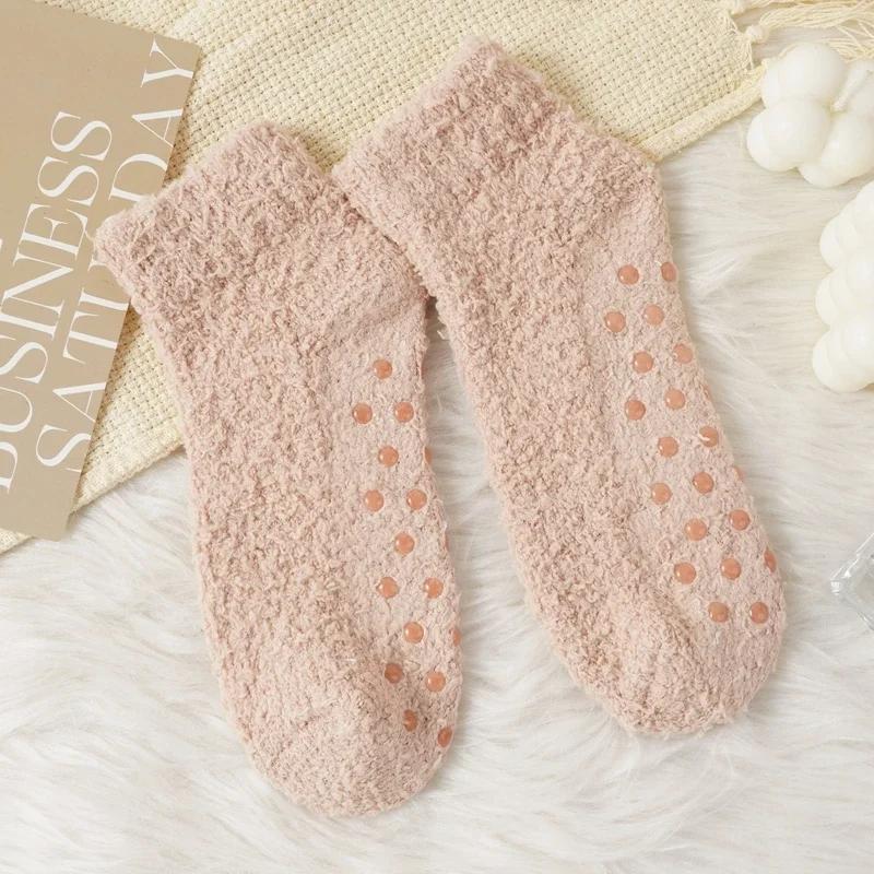Autumn Winter Non-Slip Coral Floor Socks Women Thick Warm Thermal Home Carpet Sleep Slippers Socks Solid Color Casual Short Sock