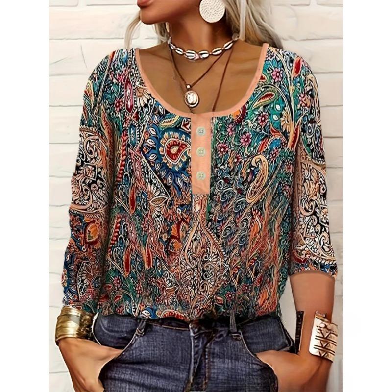 

Женская футболка с V-образным вырезом, повседневная, в этническом стиле, с принтом, на пуговицах, оверсайз XL