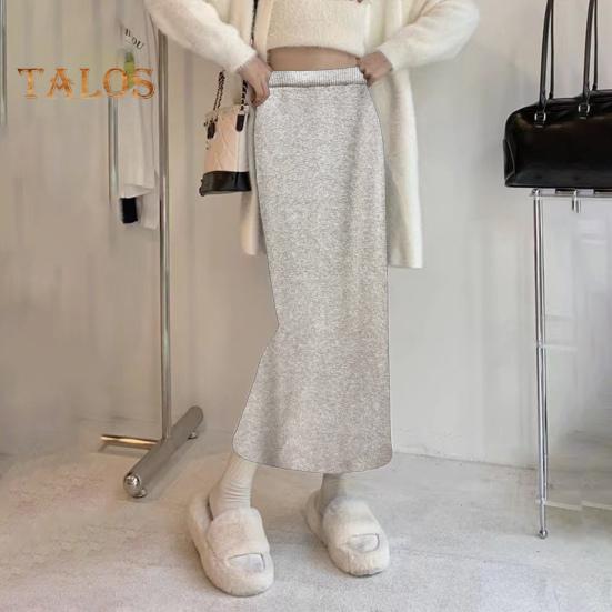 Women Maxi Skirt Elastic High Waist Hip Wrapped Long Skirt Solid Color Casual Knitting Skirt Daily Wear