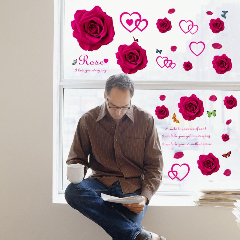 Valentine's Day Wall Stickers Red Roses Waterproof Decal for Wedding Bedroom and Living Room Home Decor