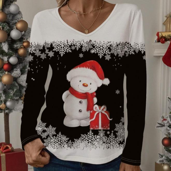 

Весенне-осенние женские футболки с V-образным вырезом, модные повседневные футболки с длинным рукавом и 3D-принтом рождественского снеговика 6XL чёрный