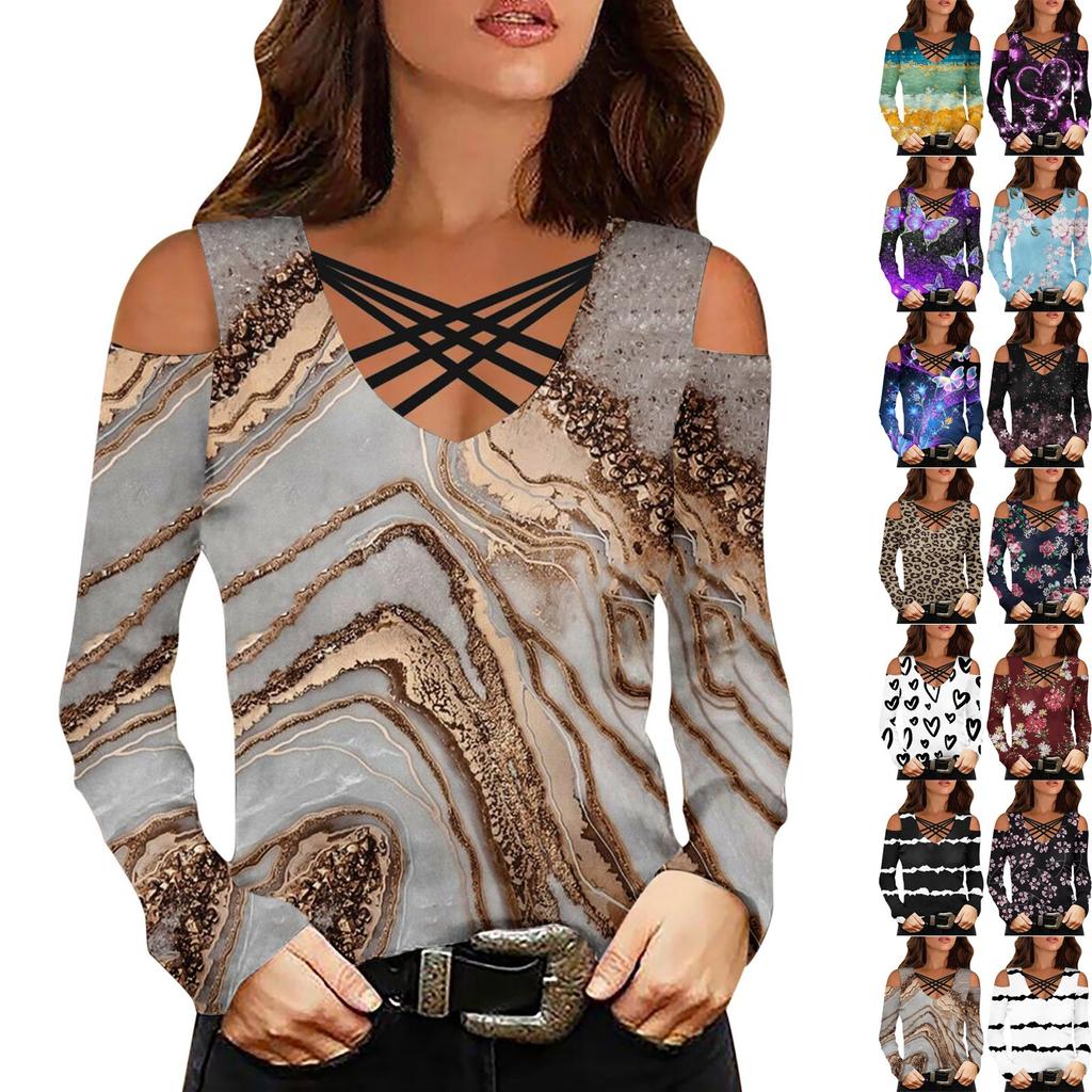 Women's Fashion Casual Flower Print V-Neck Cross Band Off Shoulder Long Sleeve Top