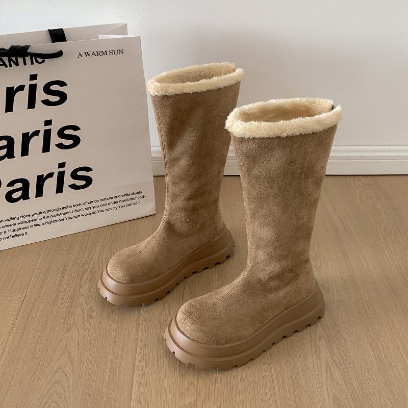 Winter Chunky Platform Heels Women Snow Boots Concise Height Increase Short Plush Shoes Warm Cotton Long Booties  Mujer