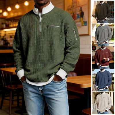 Men Waffle Sweatshirt Quarter Zip Stand Collar Casual Pullover Color Block Long Sleeve Top for Office Street Gym Wear