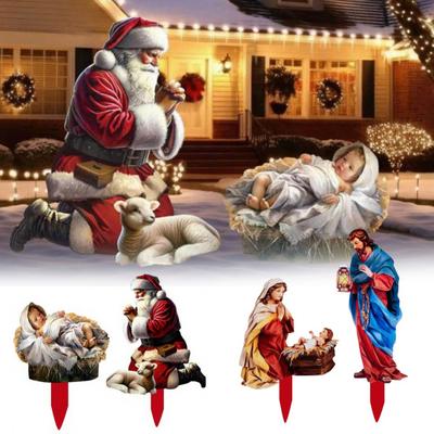 1 Set Nativity Scene Garden Stakes Christmas Outdoor Santa Baby Jesus Decorations Holy Family Yard Art Stakes with Lights for Front Yard Lawn