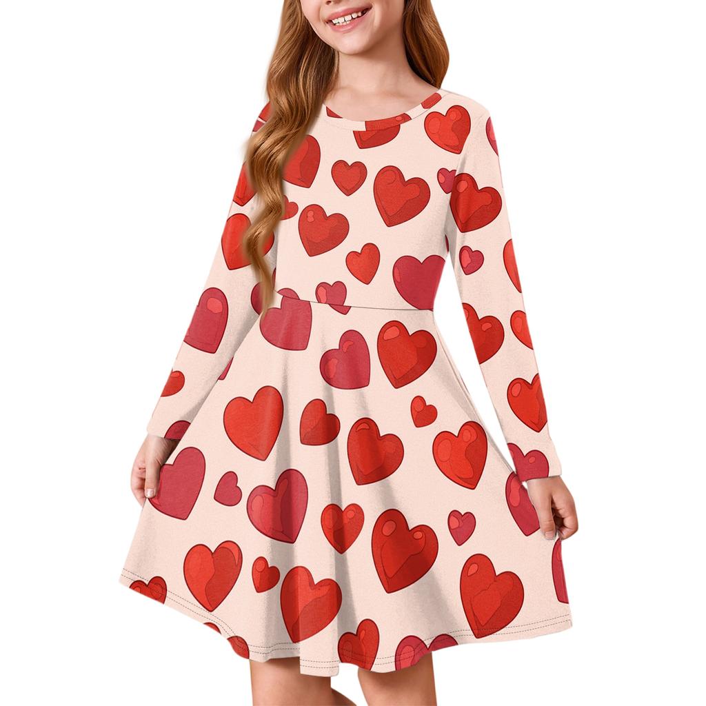 Sommer-Prinzessinenkleid für Mädchen - Langärmeliges A-Linien-T-Shirt-Kleid Valentinstag