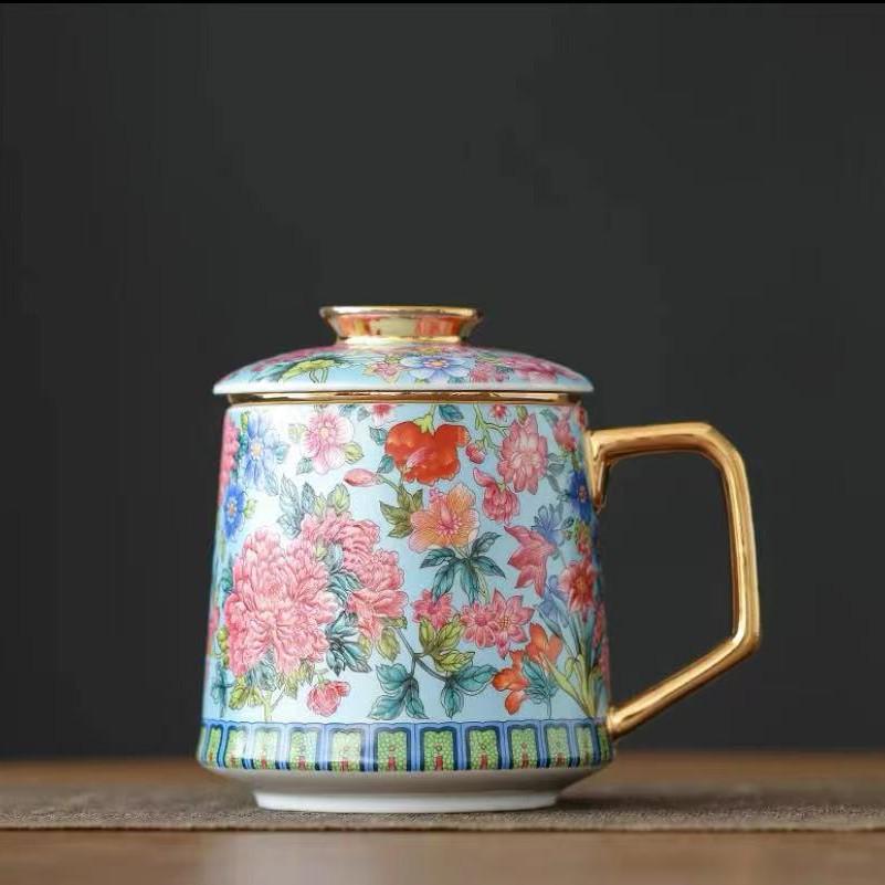 Gilt Cloisonné Enamel Women's Ceramic Mug with Tea Infuser and Square Canister