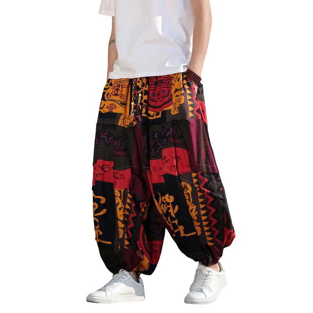 Chinese Style Men Thai Elephant Beach Pants 2026 Spring Summer Men Retro Cotton Trousers Harlan Straight Leg Mid Waist Pants