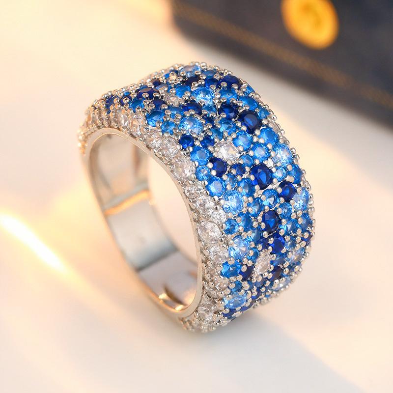 Luxury Inlaid White Blue CZ Women's Ring Elegant CopperColor Geometry Daily Wear Party Jewelry Anniversary Gift