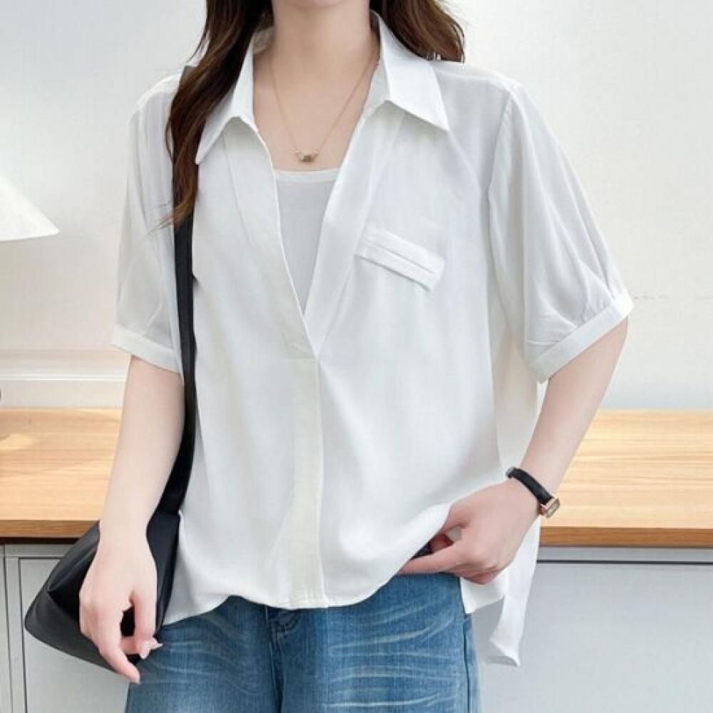 Navava Women Loose Fit Collar Short Sleeve Blouse Nb3196