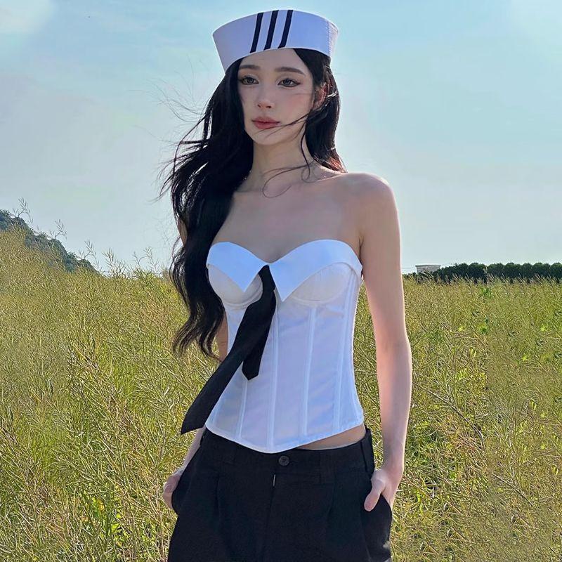 

Yi Mengling Same Design Sense Flanging Tie Waist Tube Top Vest Women Pure Desire Sexy Retro Slim fit White S