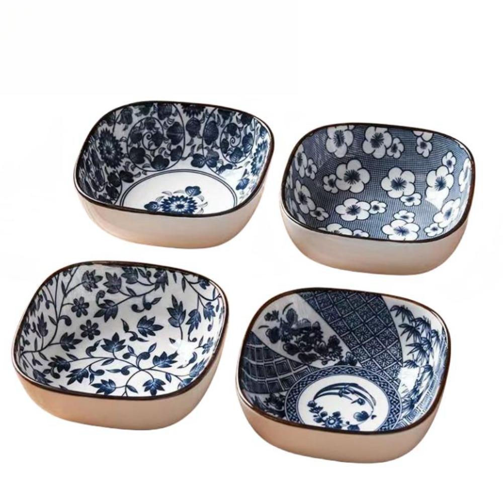 4/6pcs Ceramic Japanese Square Sauce Plates Blue and White Porcelain Sushi Platestomato Sauce and Mustard Container Bowls, Appet