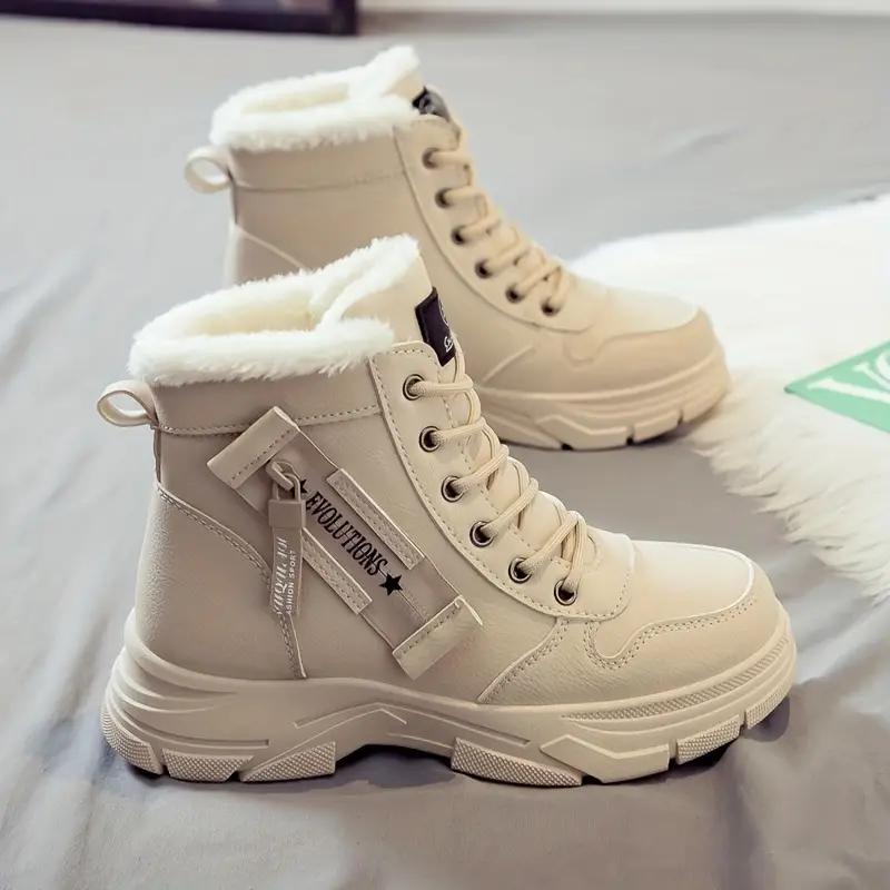 Bottines d'hiver pour femmes - Semelle épaisse, Lacets, Tige en PU beige/blanc, Chaud et facile à nettoyer pour le quotidien