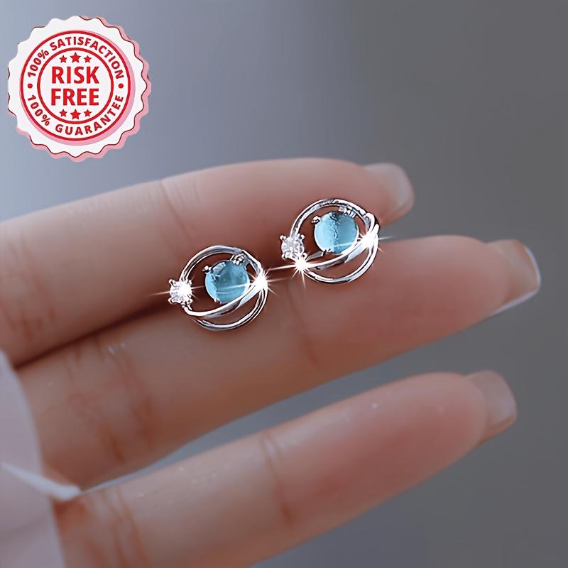 1 Pair of Silvery Stud Earrings, Featuring a Hollow-out Circular Moonlight Blue Design—simple, Hypoallergenic