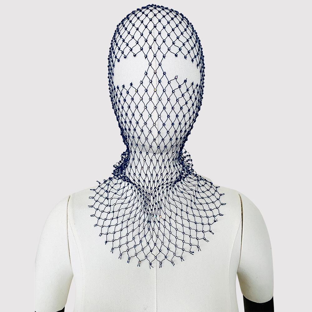 Rhinestone Fishnet Headscarf & Diamond Mask - Trendy Holiday Party Hat & Fashion Statement.