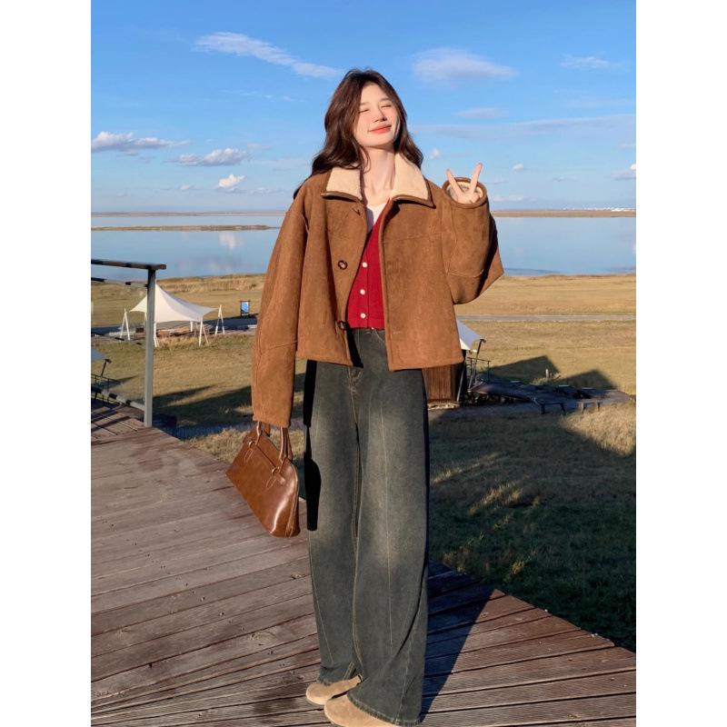 Women's Fashionable Petite Shearling Coat: Thickened, Reversible with Fur and Suede-Like Fabric, Short Anti-Suede Plush Top